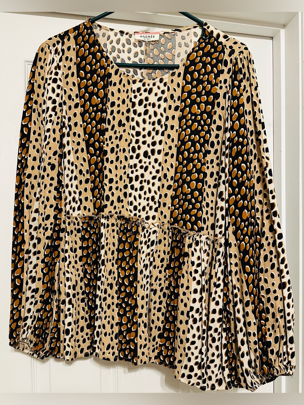 Andree Beige Black and Gold Animal Print Peplum Blouse